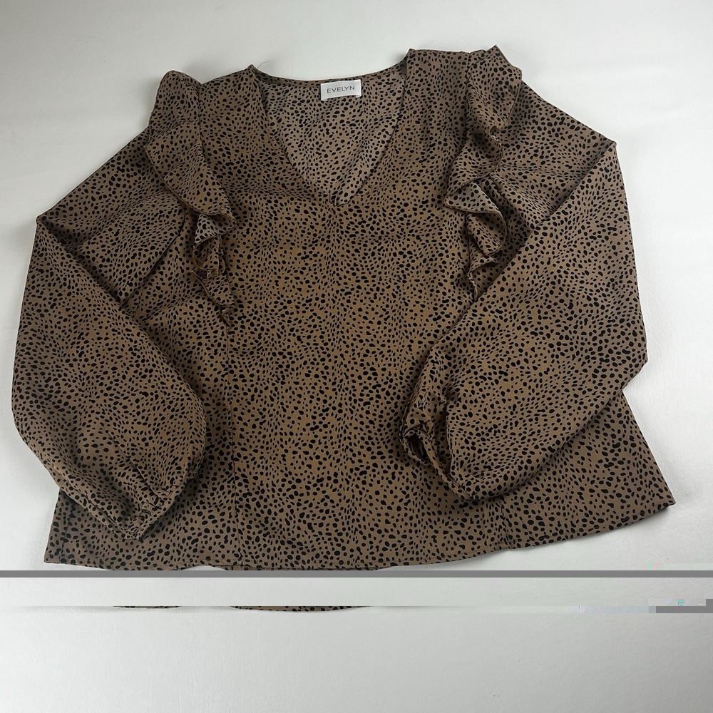 Evelyn Women's Brown With Black Long Sleeve Ruffle Blouse Size S Business